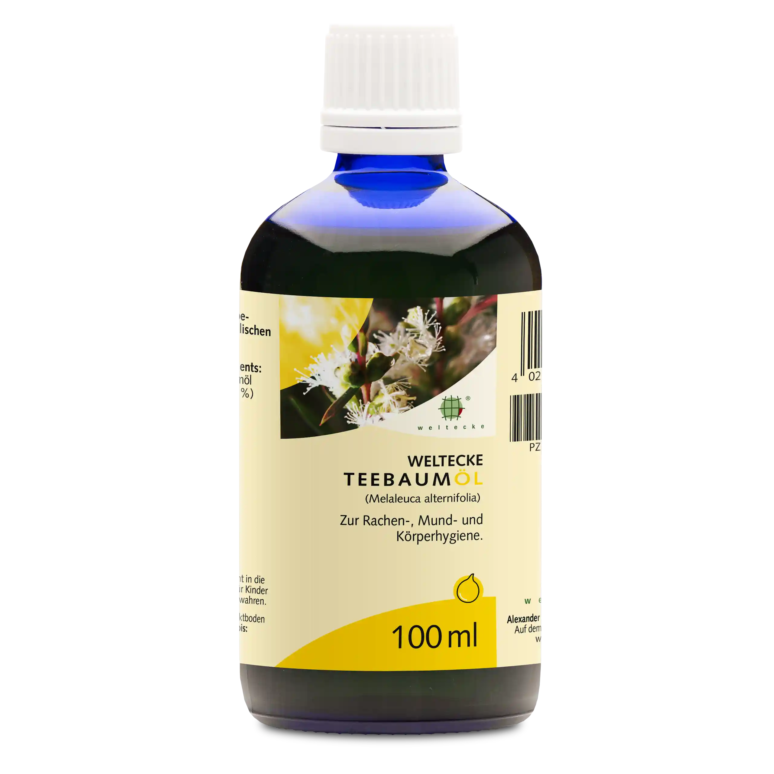 Olio dell'albero del tè 100ml flacone in vetro blu